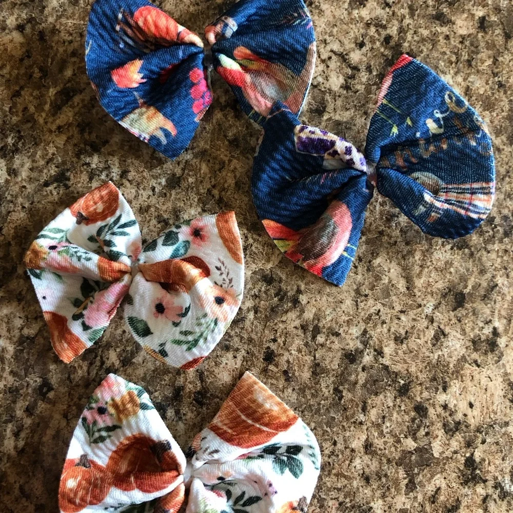 Kids Floral Bow Hair Clips - Blue & White (Set of 4)